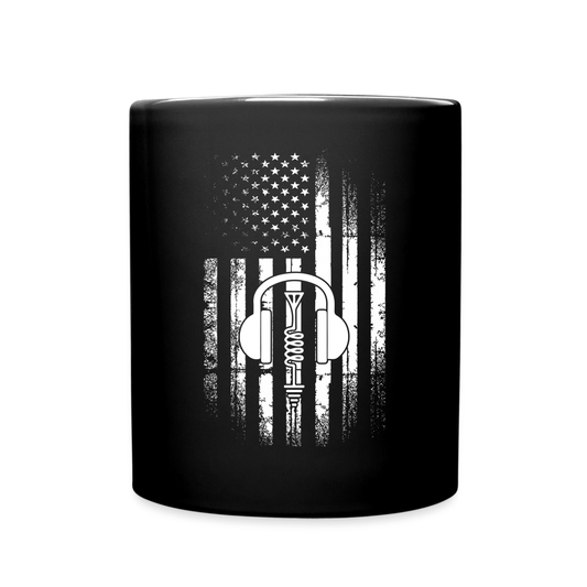 Broadcasting Liberty: Distressed Flag and Ham Radio Icon - Black Ceramic Mug