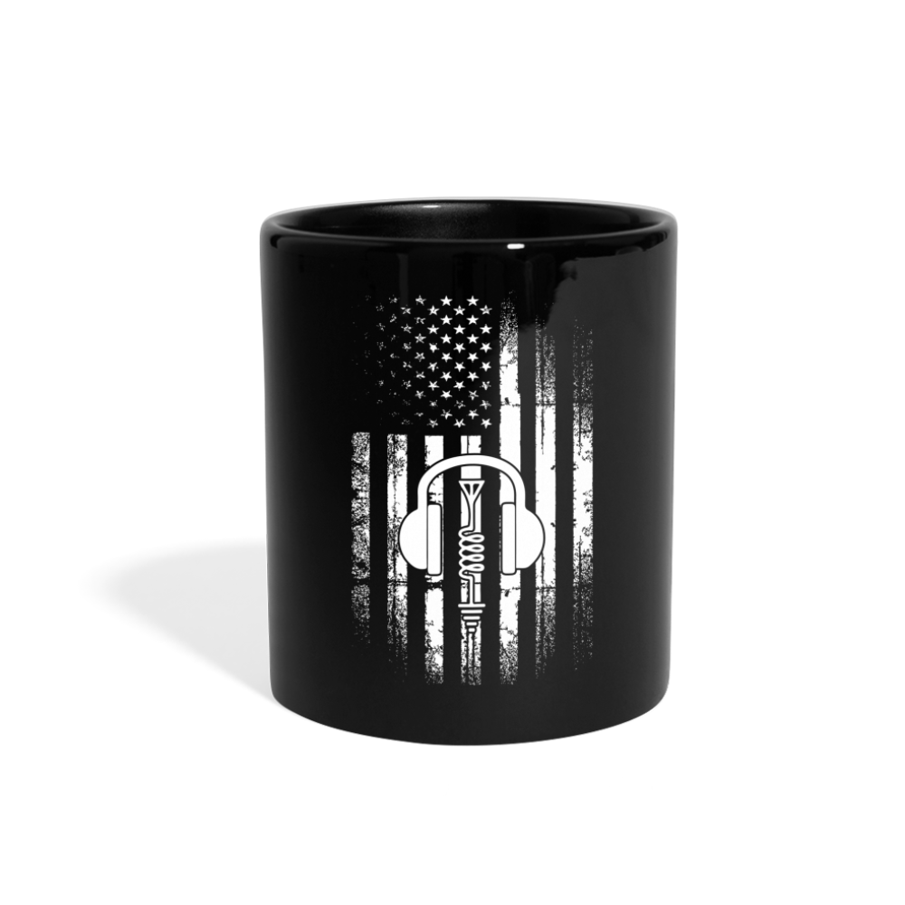 Broadcasting Liberty: Distressed Flag and Ham Radio Icon - Black Ceramic Mug